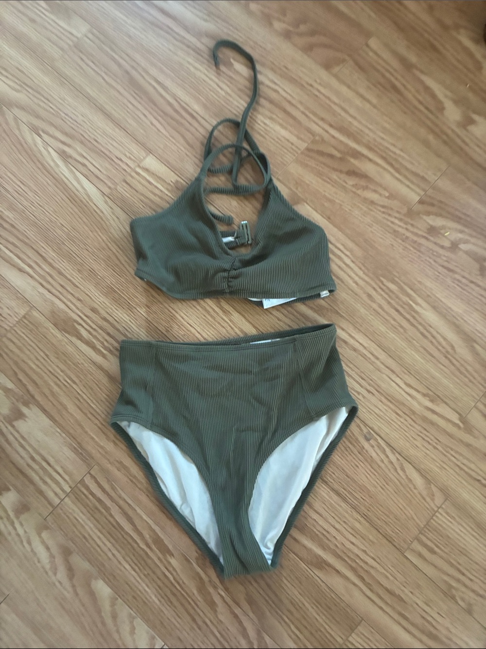 10/25$ 🧁 Olive Ribbed High-Waist Bikini Set - Women Swim